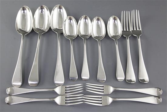 A Victorian silver Old English pattern part table service of flatware, by George Adams, 23.3 oz/726 grams.